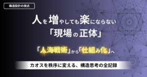 事務局の属人化解消と仕組み化を提案する、構造設計の視点に基づいた業務改善解説。人海戦術から脱却する組織再設計のイメージ。
