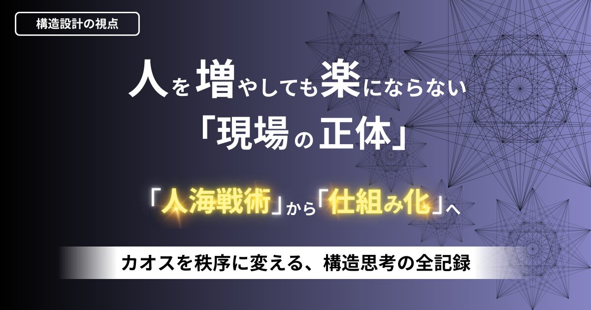 事務局の属人化解消と仕組み化を提案する、構造設計の視点に基づいた業務改善解説。人海戦術から脱却する組織再設計のイメージ。