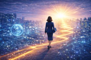 DX転職に挑戦する40代女性がロードマップを進み未来へ向かうイメージ