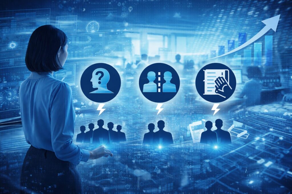 事務局の業務改善が進まない3つの構造的理由を示したDXイメージ